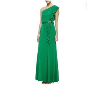 David Meister One Shoulder Ruffle Long Dress green 12